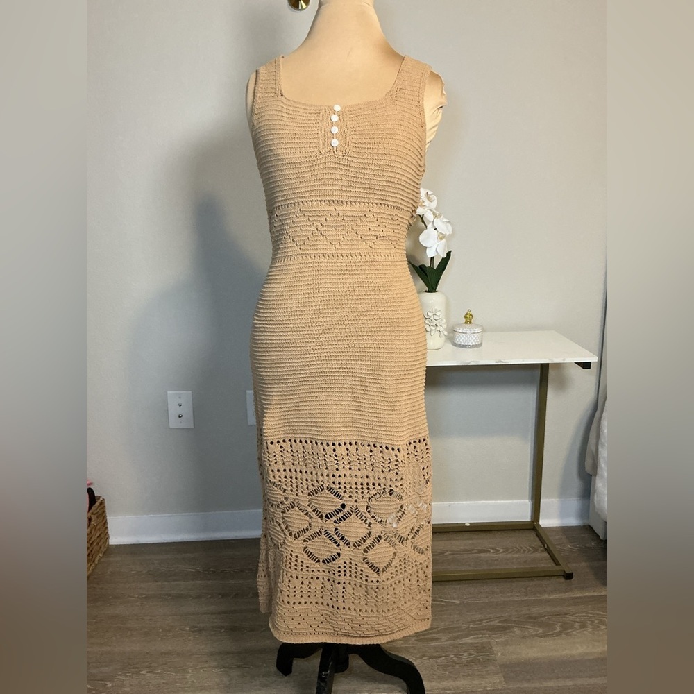 Elegant Tan Crochet Maxi Dress